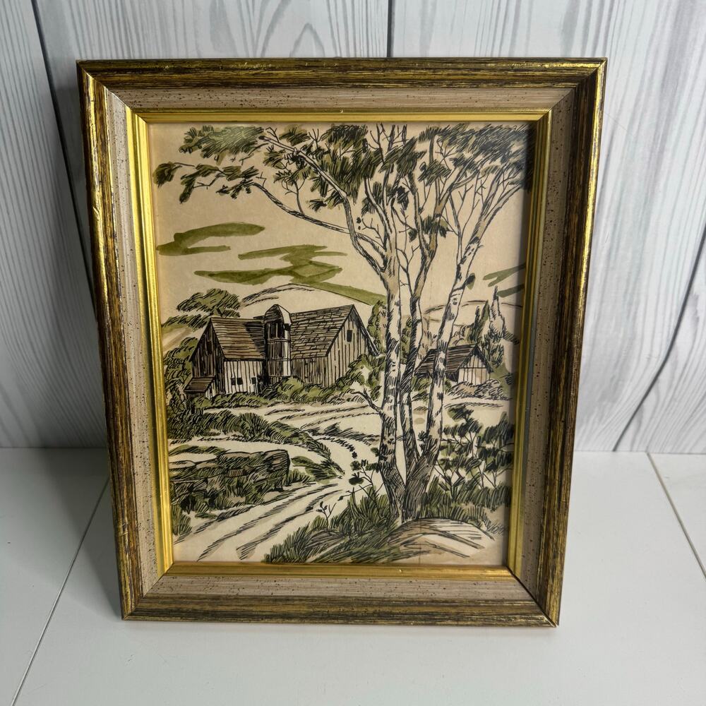 VTG Framed Farmhouse Barn Sketch Drawing Portrait 12x10 Primitive Decor Cottage
